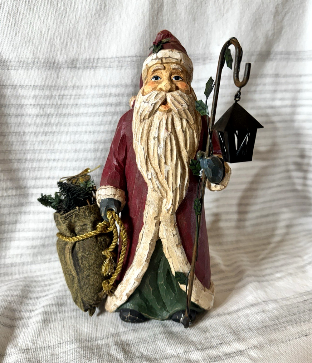 Vintage Santa Statue Figurine 10" Faux Wood Cut Carved Resin Lantern Y2K 2004